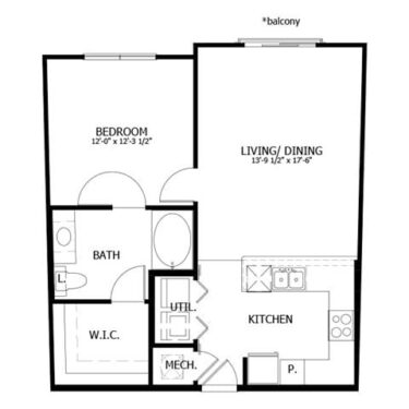 Rendering of the A3 floor plan with 1 bedroom[s] and 1 bathroom[s] at The Boat House