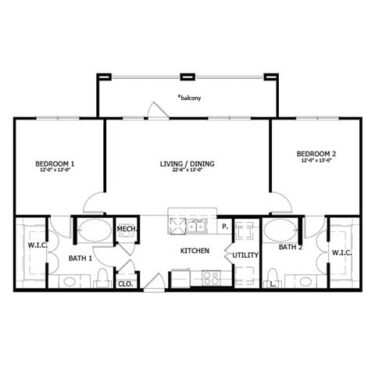 Rendering of the B6 floor plan with 2 bedroom[s] and 2 bathroom[s] at The Boat House