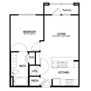 Rendering of the A1 floor plan with 1 bedroom[s] and 1 bathroom[s] at The Boat House