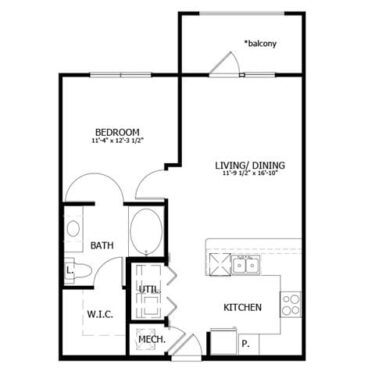 Rendering of the A2 floor plan with 1 bedroom[s] and 1 bathroom[s] at The Boat House