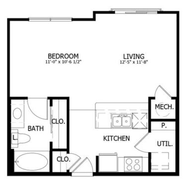 Rendering of the S1 floor plan with 1 bedroom[s] and 1 bathroom[s] at The Boat House