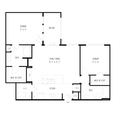 Rendering of the B1 floor plan with 2 bedroom[s] and 2 bathroom[s] at The Boat House